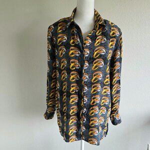 Vintage Piano Silk Retro Abstract Geometric Button Blouse Top Women Size Medium